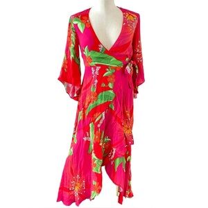Farm Rio Dresses Farm Rio Pink Pietra Wrap Dress Tropical Floral Bell Sleeve